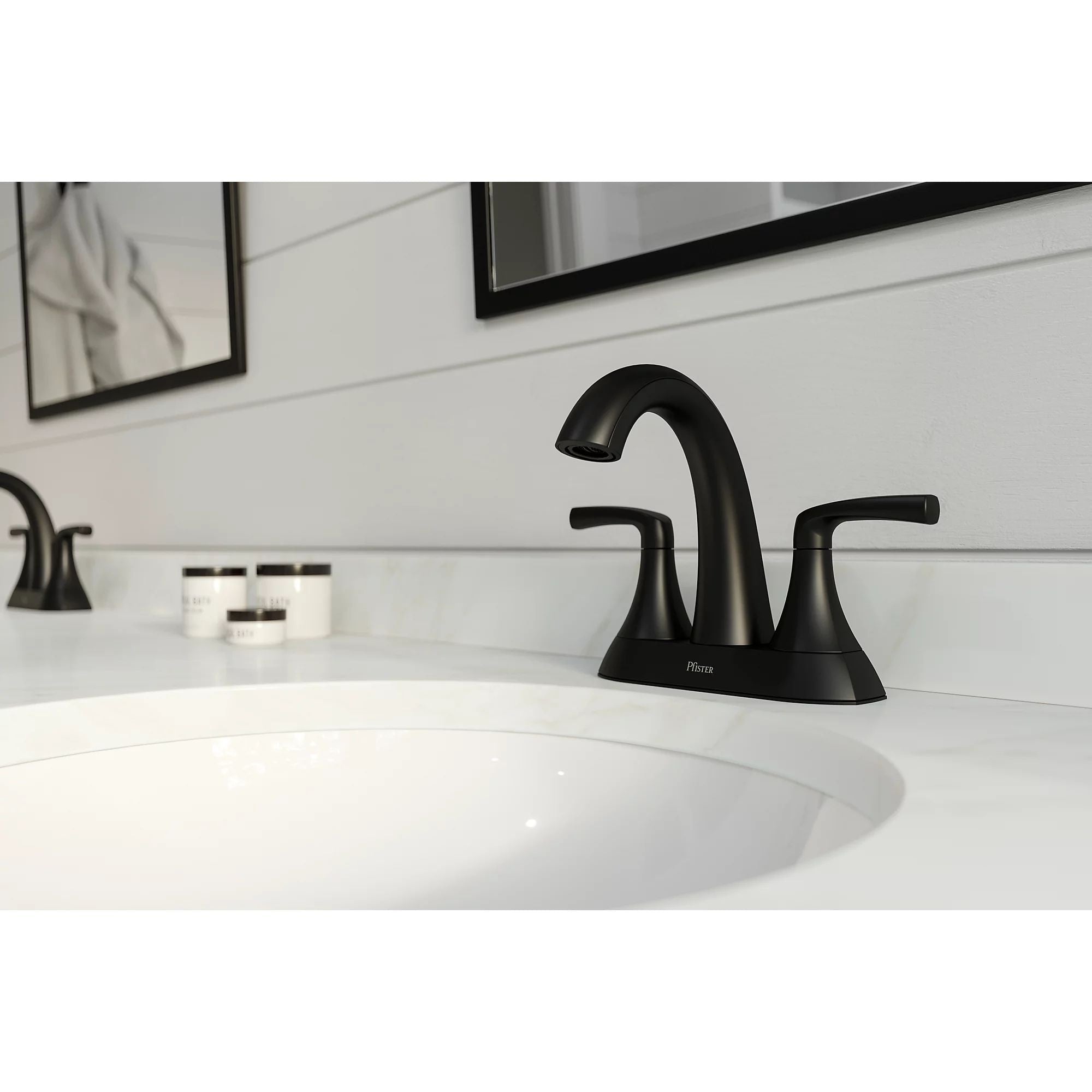 Pfister Rancho Double Handle 4-in Centreset Bathroom Sink Faucet Push & Seal Drain, WaterSense Certified, Matte Black