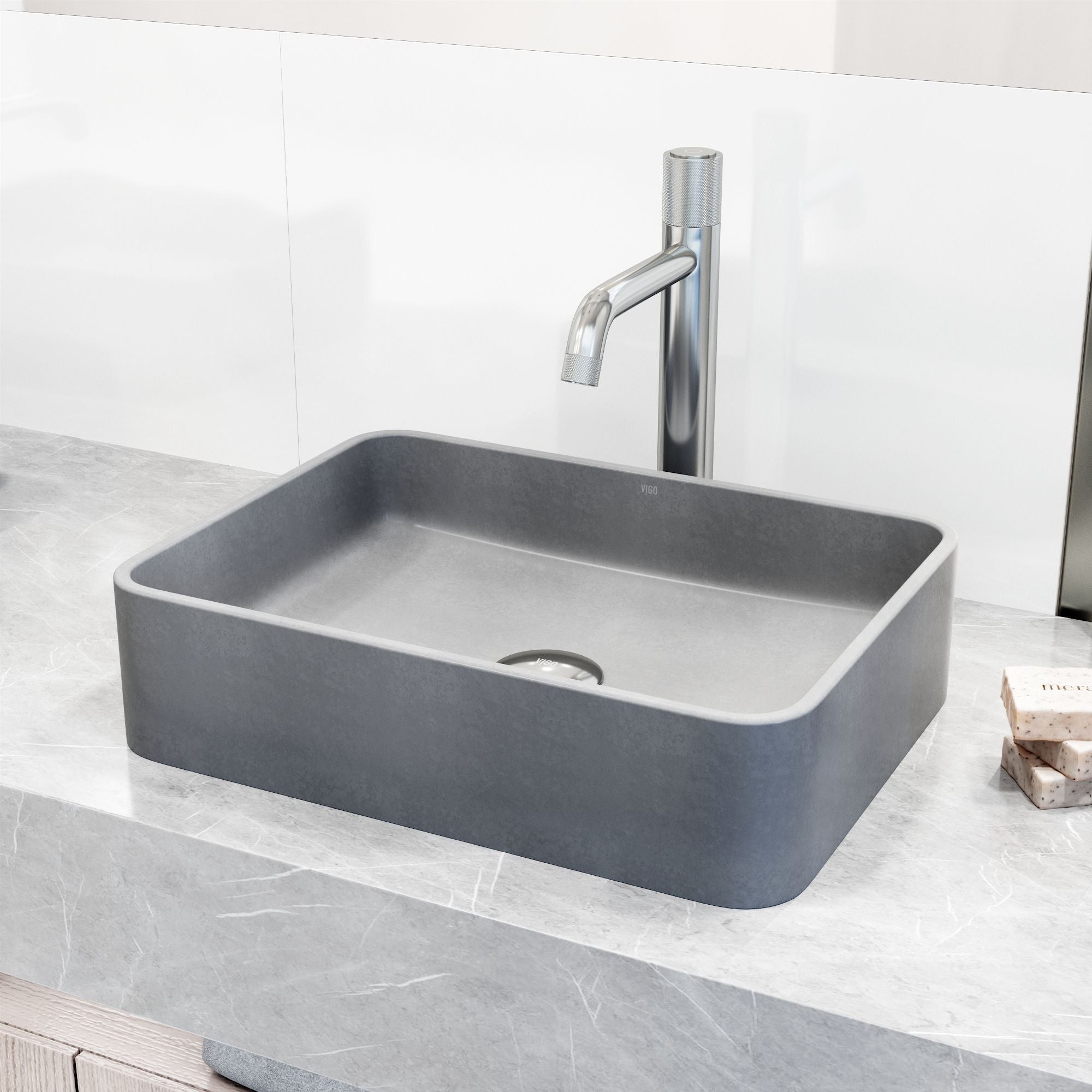 VIGO Segovia Gothic ConcretoStone Grey Bathroom Sink/Basin Set with Apollo Faucet and Rectangular Vessel