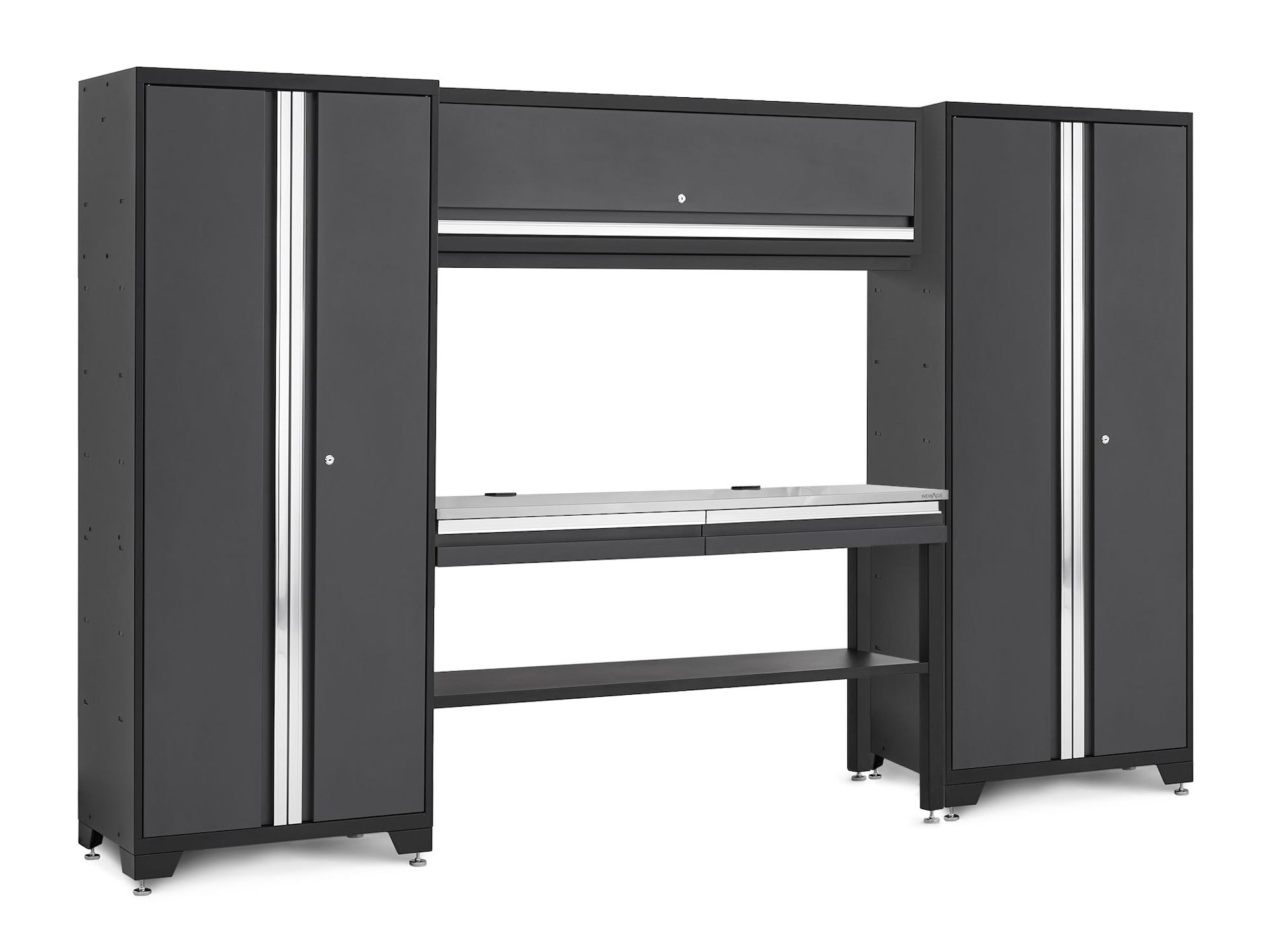 NewAge Bold 3.0 Series Lockable Steel Garage Cabinetry Set with Stainless Steel Top, Grey, 120-in x 18-in x 72-in, 5-pc