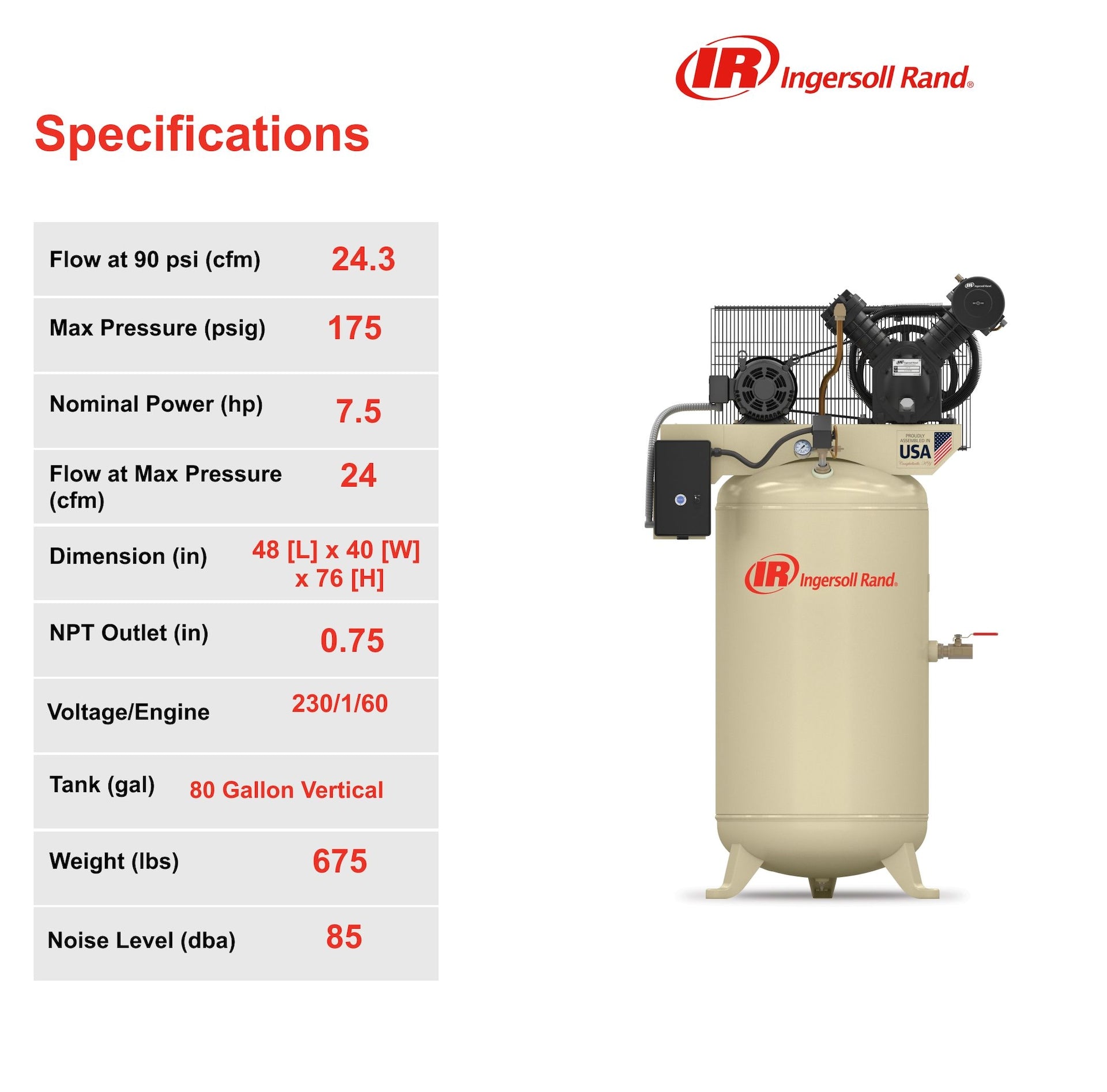 Ingersoll Rand 80-Gallon Vertical Air Compressor, 175 PSI, 7.5 HP
