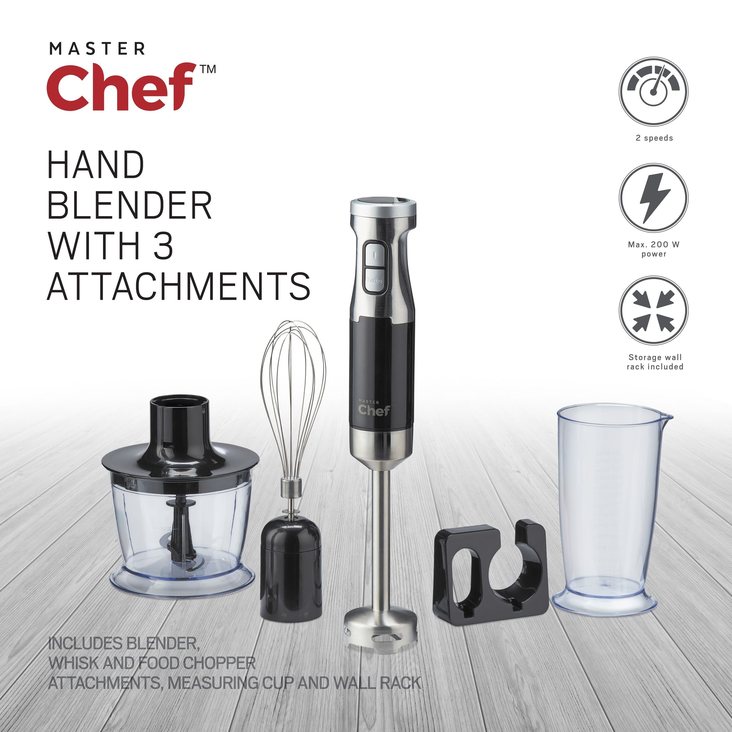 MASTER Chef Corded Hand Blender with Whisk, Stainless Steel, Black