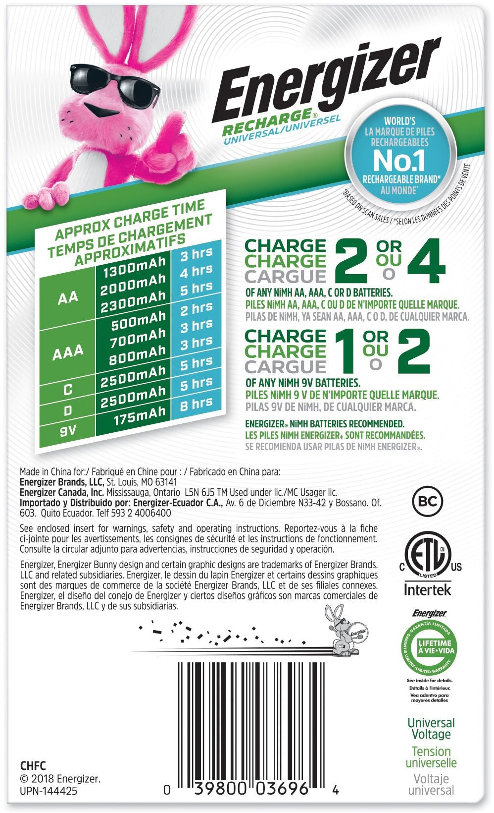 Energizer CHFC Universal Battery Charger For NiMH Rechargeable Batteries, AA/AAA/C/D/9V